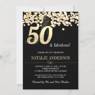 Invitation Elégante Black Gold Confetti 50e fête d'anniversai