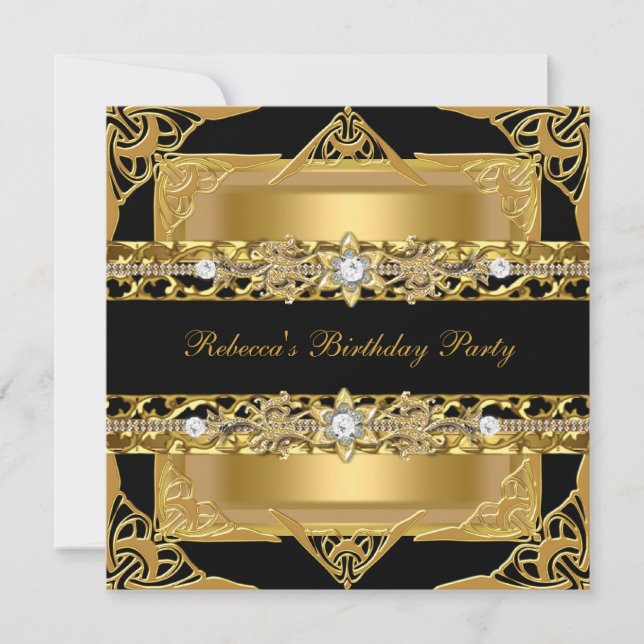 Invitation Elégante Black Gold Diamond Jewel Anniversaire (Devant)