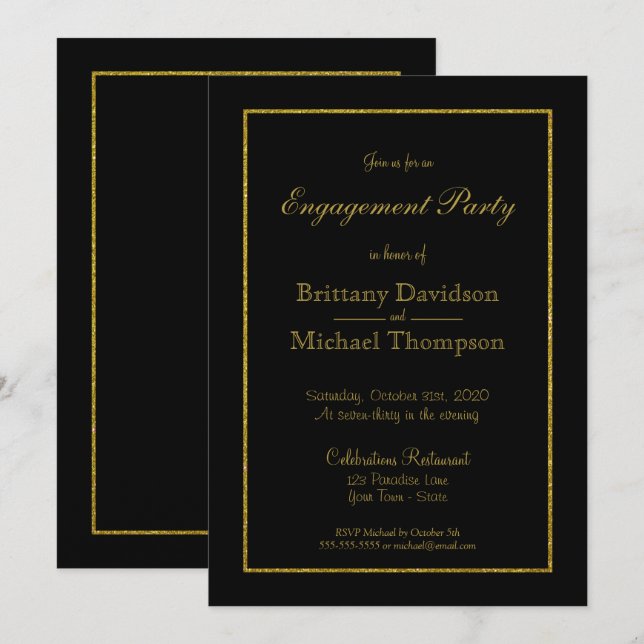 Invitation Élégante Black Gold Engagement Party (Devant / Derrière)