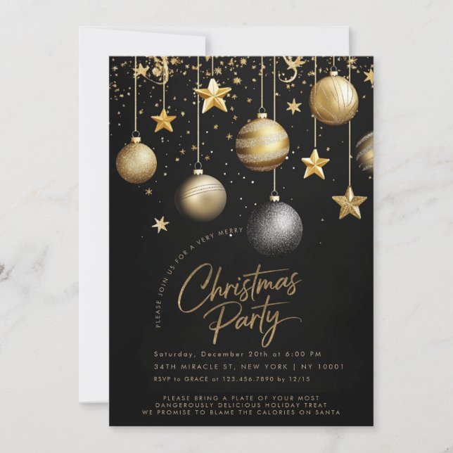 Invitation Élégante Black Gold Étincelle Étoiles Noël (Devant)