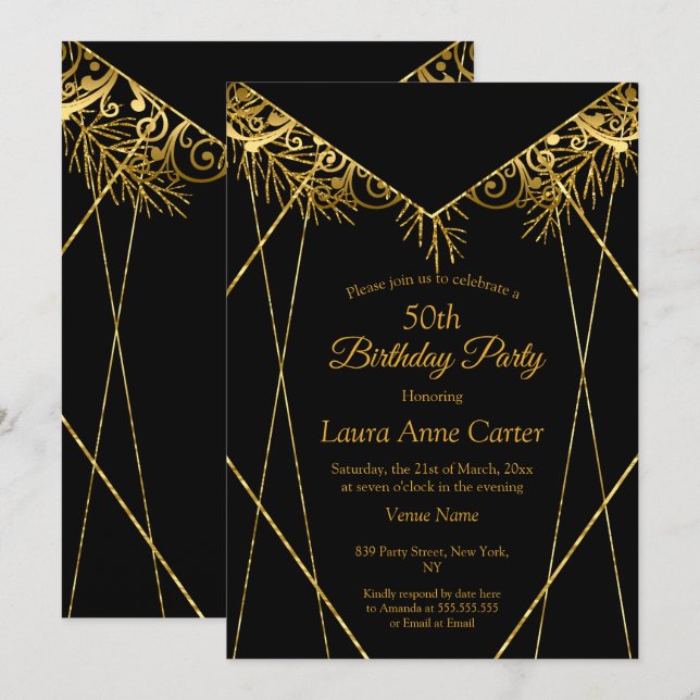 Invitation Elégante Black Gold Faux Foil 50e fête d'anniversa (Devant / Derrière)