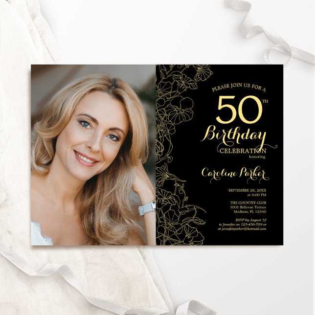 Invitation Elégante Black Gold Floral Photo 50e anniversaire (Créateur téléchargé)