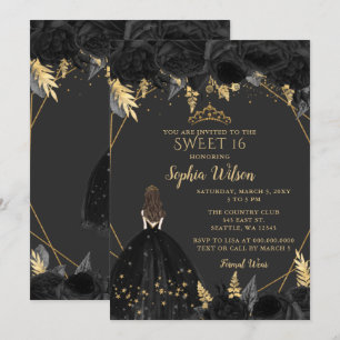 Invitation Elégante Black Gold Floral Princess SWEET 16