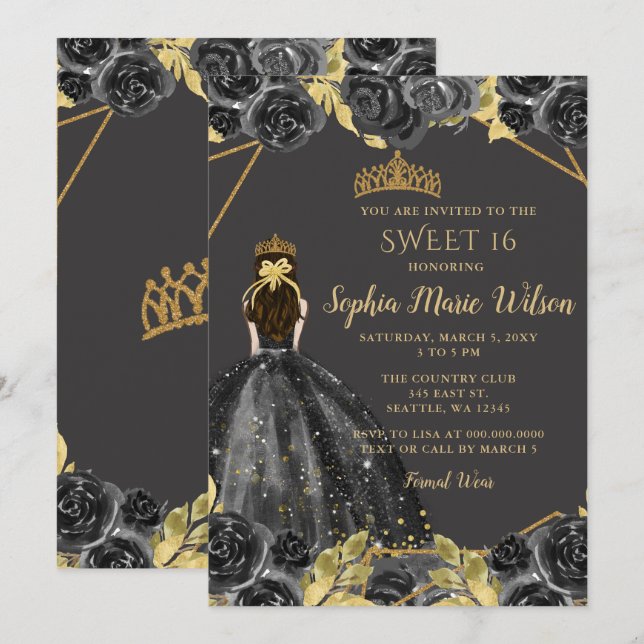 Invitation Elégante Black Gold Floral Princess SWEET 16 (Devant / Derrière)