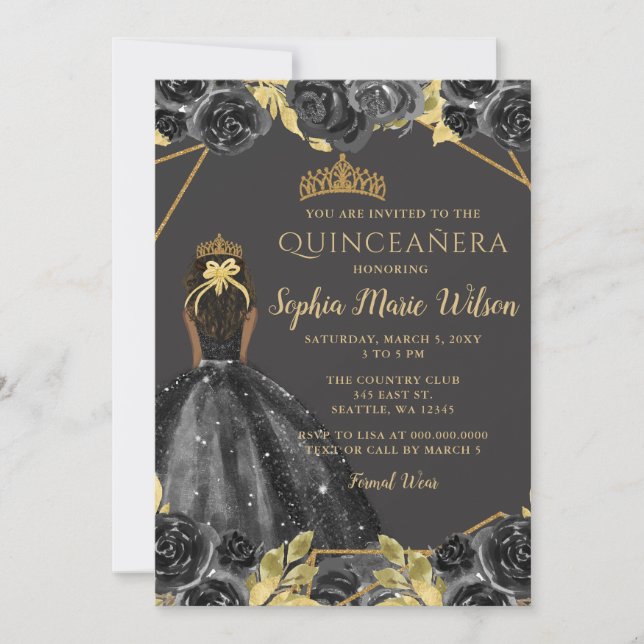 Invitation Elégante Black Gold Floral Princesse Quinceañera (Devant)