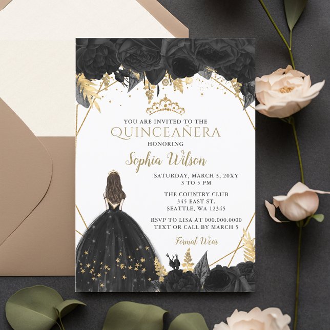 Invitation Elégante Black Gold Floral Princesse Quinceañera I (Elegant Black Gold Floral Princess Quinceañera Invitation)