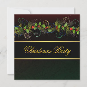 Invitation Élégante Black Gold Holly fête de Noël