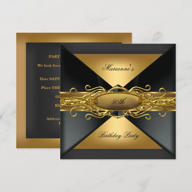 Invitation Elégante Black Gold Jewel Anniversaire fête 50ème (Devant / Derrière)