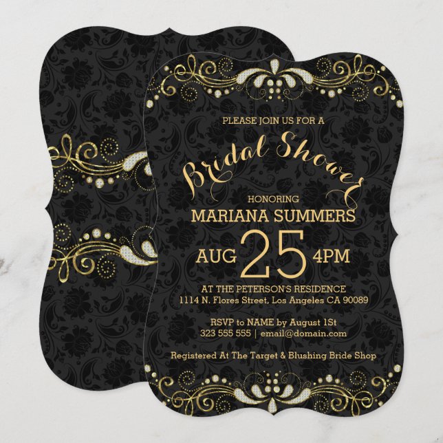 Invitation Elégante Black & Gold Lace Bridal Shower Invitatio (Devant / Derrière)