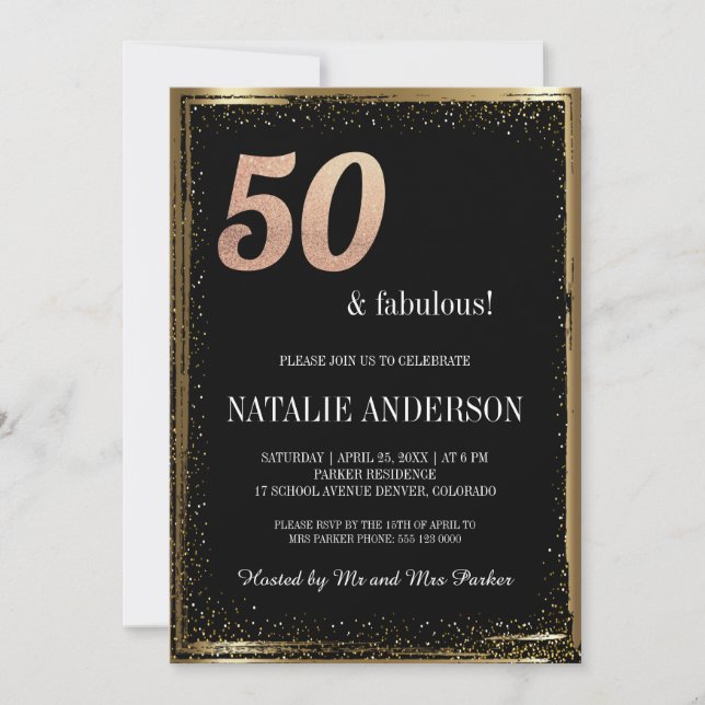 Invitation Elégante Black Gold Parties scintillant 50e annive (Devant)