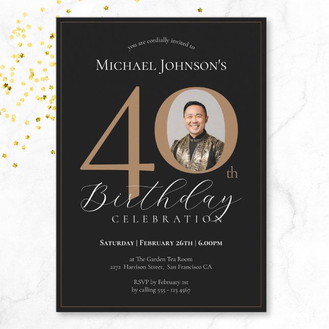 Invitation Elégante Black Gold Photo 40e anniversaire (Mockup View)