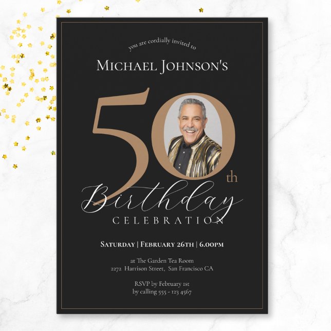 Invitation Elégante Black Gold Photo 50e anniversaire (Mockup View)