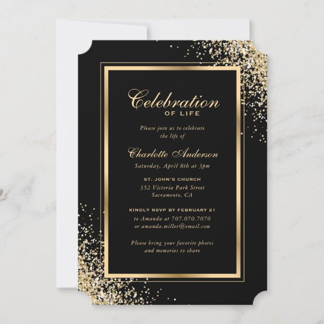 Invitation Elégante Black Gold Photo Célébration de la vie (Devant)