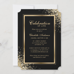Invitation Elégante Black Gold Photo Célébration de la vie