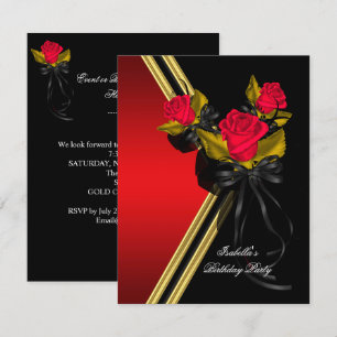 Invitation Elégante Black Gold Red Roses fête d'anniversaire