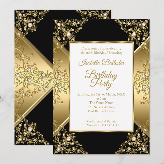 Invitation Elégante Black Gold White Pearl fête d'anniversair (Devant / Derrière)