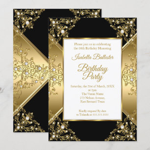Invitation Elégante Black Gold White Pearl fête d'anniversair