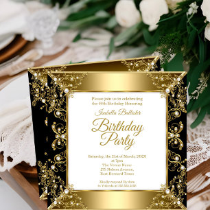 Invitation Elégante Black Gold White Pearl fête d'anniversair