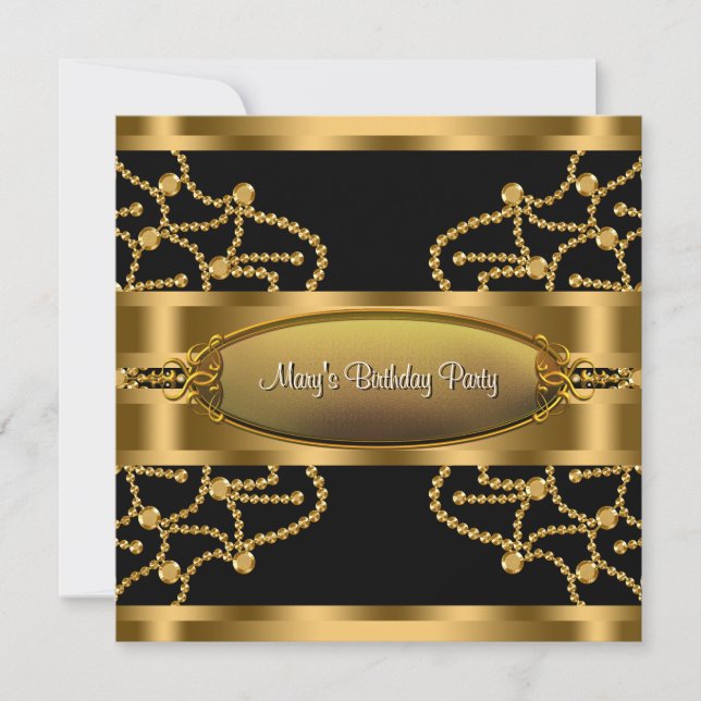 Invitation Élégante Black Gold Womans fête d'anniversaire (Devant)