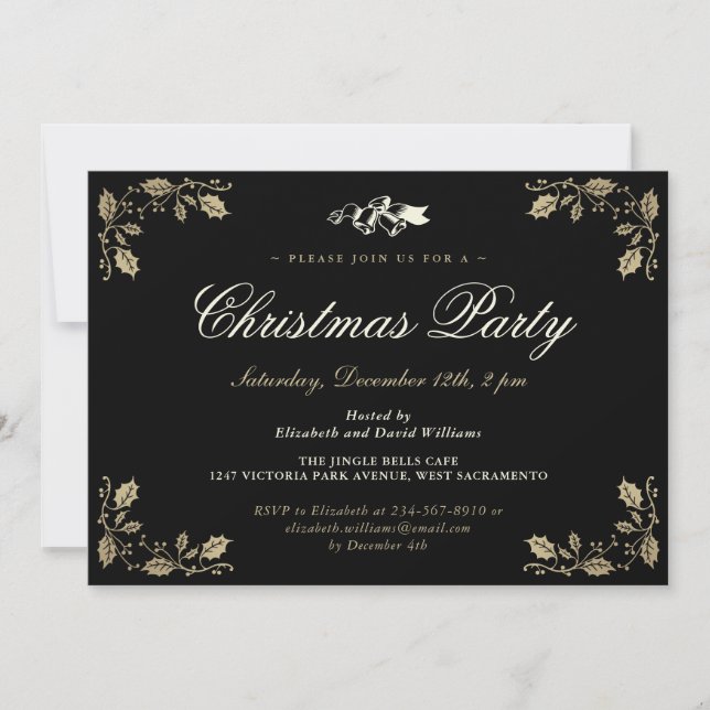 Invitation Élégante Black Holly Bells Noël Fête de Noël (Devant)