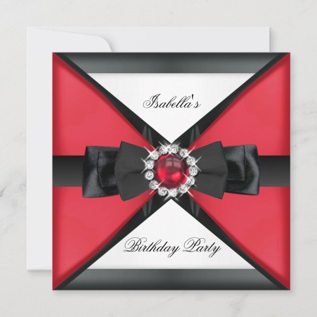 Invitation Elégante Black Red Pearl Bow White Anniversaire Pa (Devant)