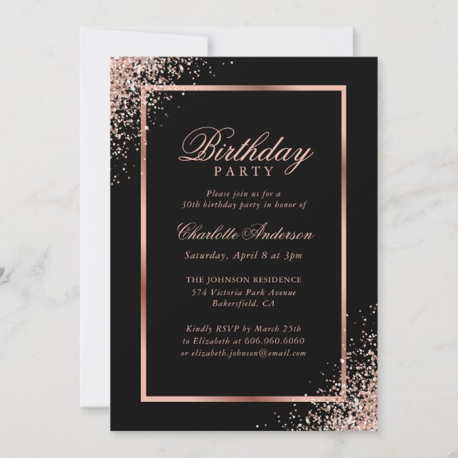 Invitation Elégante Black Rose Gold Confetti fête d'anniversa (Devant)