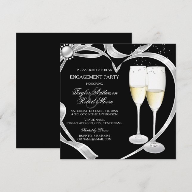 Invitation Élégante Black Silver & Gold Engagement Party (Devant / Derrière)