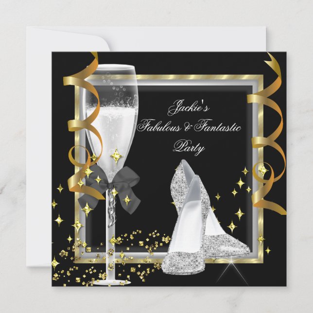 Invitation Élégante Black Silver Gold femme fête d'anniversai (Devant)