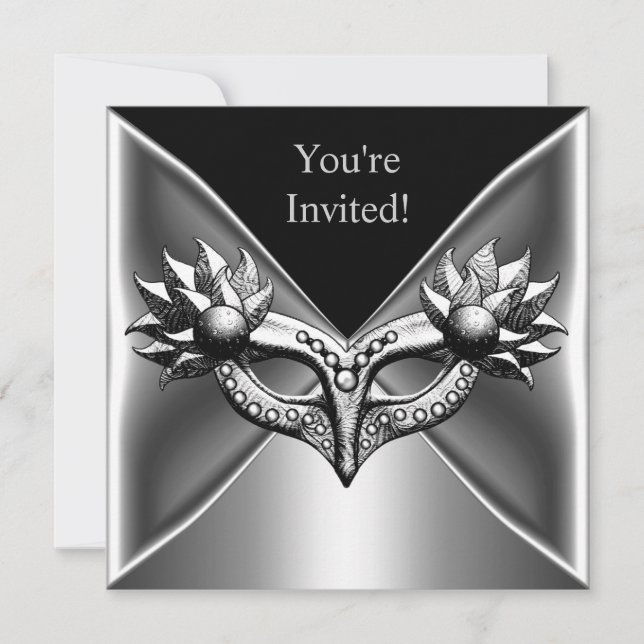 Invitation Elégante Black Silver Metal Mask Event Party 2 (Devant)