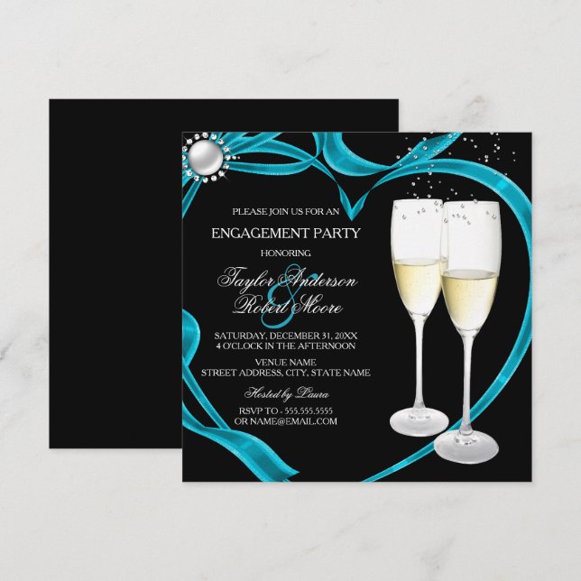 Invitation Elégante Black Silver & Turquoise Engagement Party (Devant / Derrière)