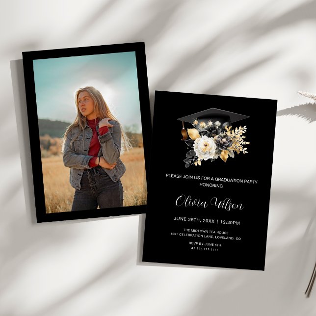Invitation Elégante Black White Gold Flowers Photo Graduation (Elegant Black White and Gold Flowers photo Graduation Party Invitation)