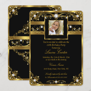 Invitation Elégante Black White Gold Pearl Photo Anniversaire