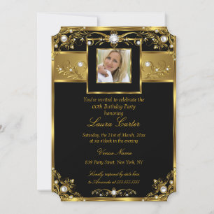 Invitation Elégante Black White Gold Pearl Photo Anniversaire