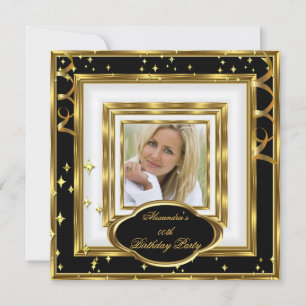 Invitation Elégante Black White Gold Photo Anniversaire