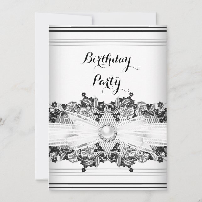 Invitation Elégante Black White Pearl Jewel Bow Lace Annivers (Dos)