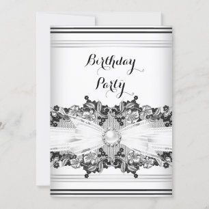 Invitation Elégante Black White Pearl Jewel Bow Lace Annivers