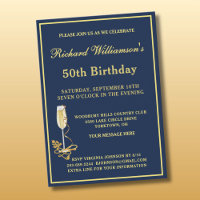 Invitation élégante bleu marine et or pour fête de