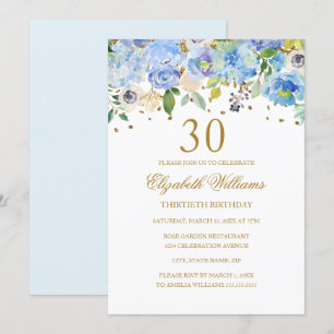 Invitation élégante bleu or floral pour 30e annive