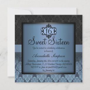Invitation élégante bleue chic damas pour Sweet16