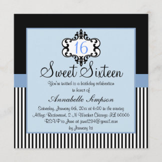 Invitation élégante bleue et noire pour un Sweet 1