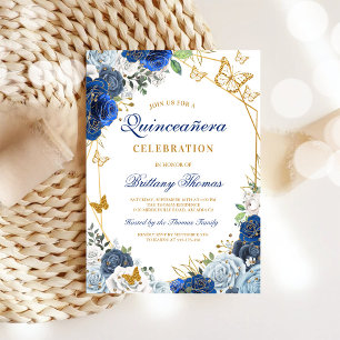 Invitation élégante bleue florale pour Quinceañera