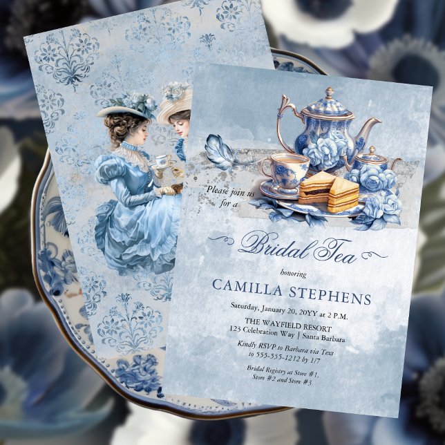 Invitation Elégante Blue Floral TeaSet Bridal Tea Party (Elegant Blue Floral Teacup Bridal Shower Tea Party Invitation)