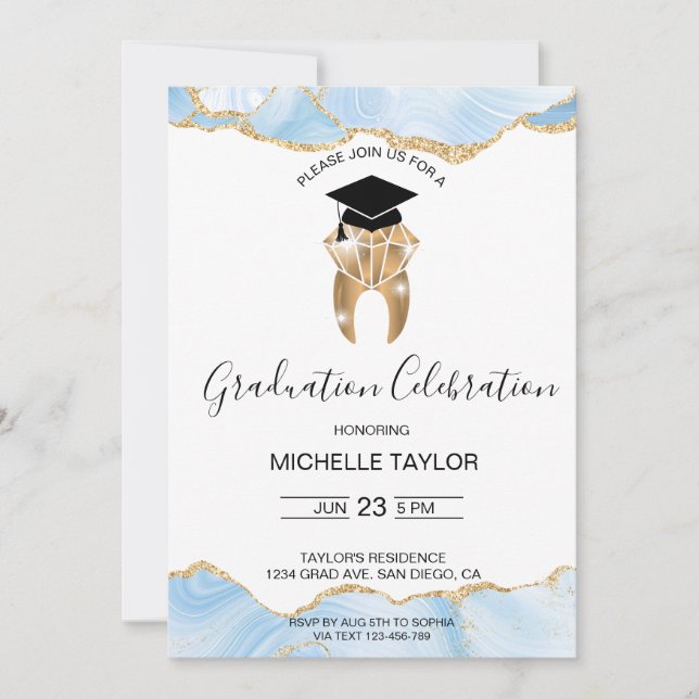 Invitation Élégante Blue Grad Dental Dentist Gradust Party (Devant)