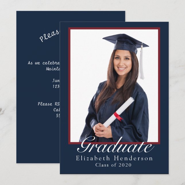 Invitation Élégante Blue Graduate Photographie Parti de Gradu (Devant / Derrière)