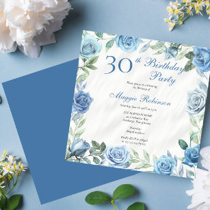Invitation Elégante Blue Rose Floral Frame 30e fête d'anniver