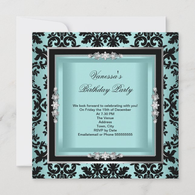 Invitation Elégante Blue Silver Damask Black Birthday Party (Devant)