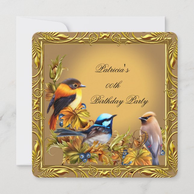 Invitation Elégante Bluebird Bird Caramel Gold Birthday Party (Devant)