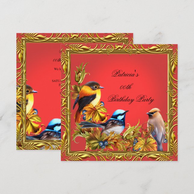 Invitation Elégante Bluebird Bird Red Gold Birthday Party (Devant / Derrière)