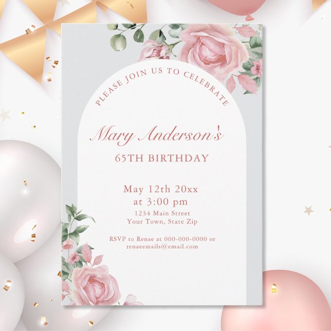 Invitation Elégante Blush Rose Roses 65e fête d'anniversaire (Créateur téléchargé)