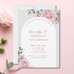 Invitation Elégante Blush Rose Roses 75e fête d'anniversaire